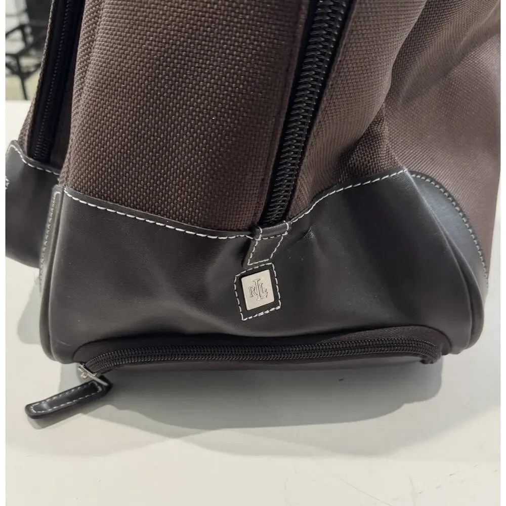 Polo Ralph Lauren Nylon Duffel Rolling Bag Luggage Suitcase Brown Leather Carry